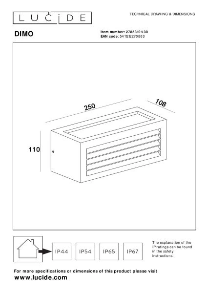 Lucide DIMO - Wandleuchte Innen/Außen - 1xE27 - IP54 - Anthrazit - TECHNISCH